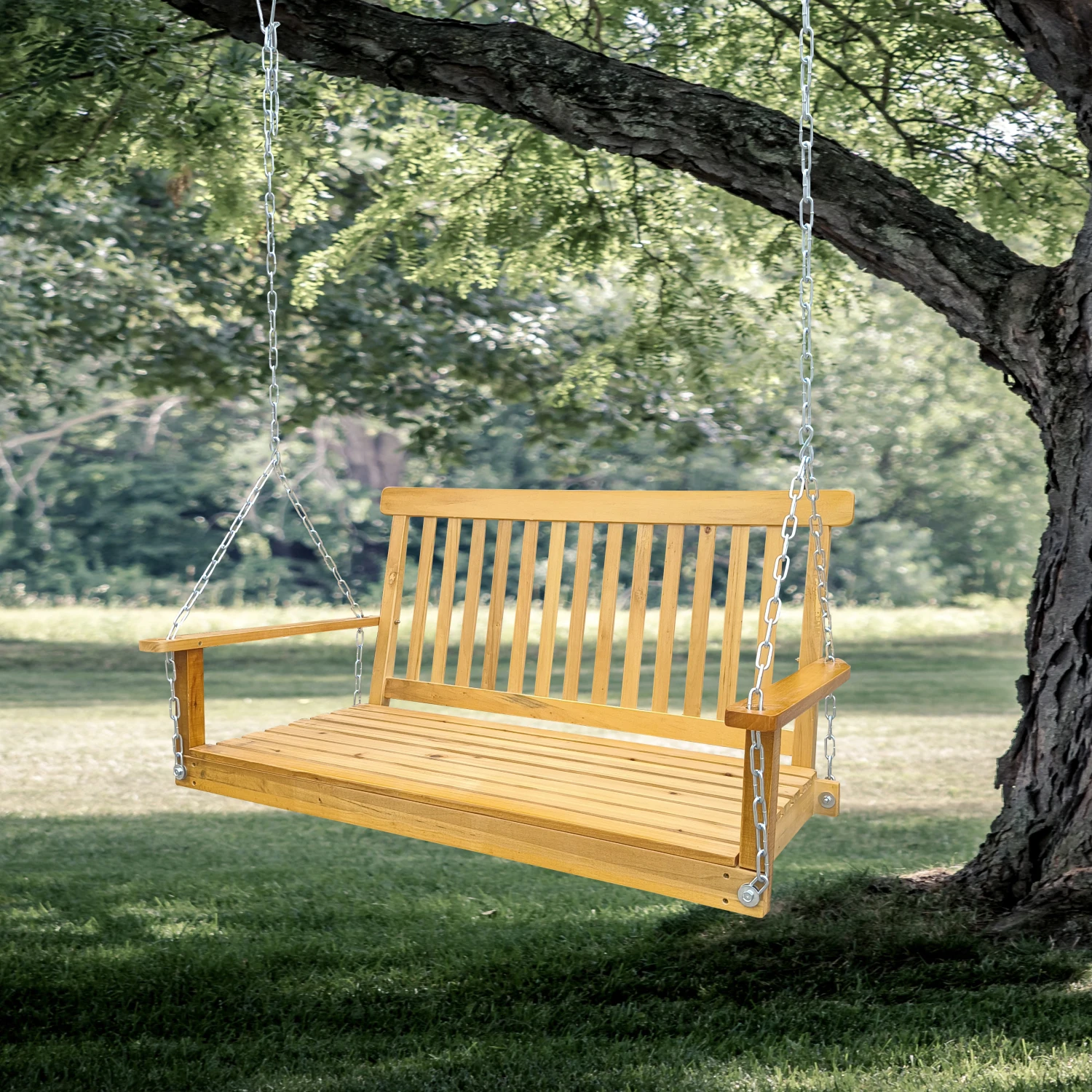 

Front Porch Swing with Armrests, Wood Bench Swing with Hanging Chains,for Outdoor Patio ,Garden Yard, porch, backyard, or sunroo