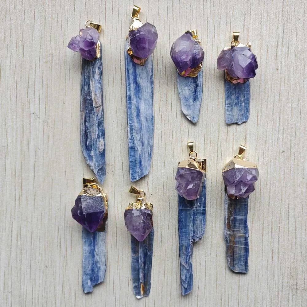 

New fashion natural Kyanite and amethyst stone Irregular rectangle pendants for making jewelry free shipping Wholesale 8pcs/lot