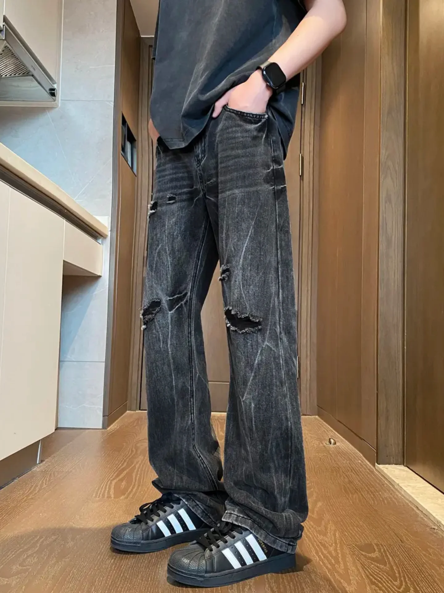 

American High Street Men's Slim Fit Jeans Spring Summer Trendy Straight Loose Slimming Versatile Long Pants Tear Wear Resistant