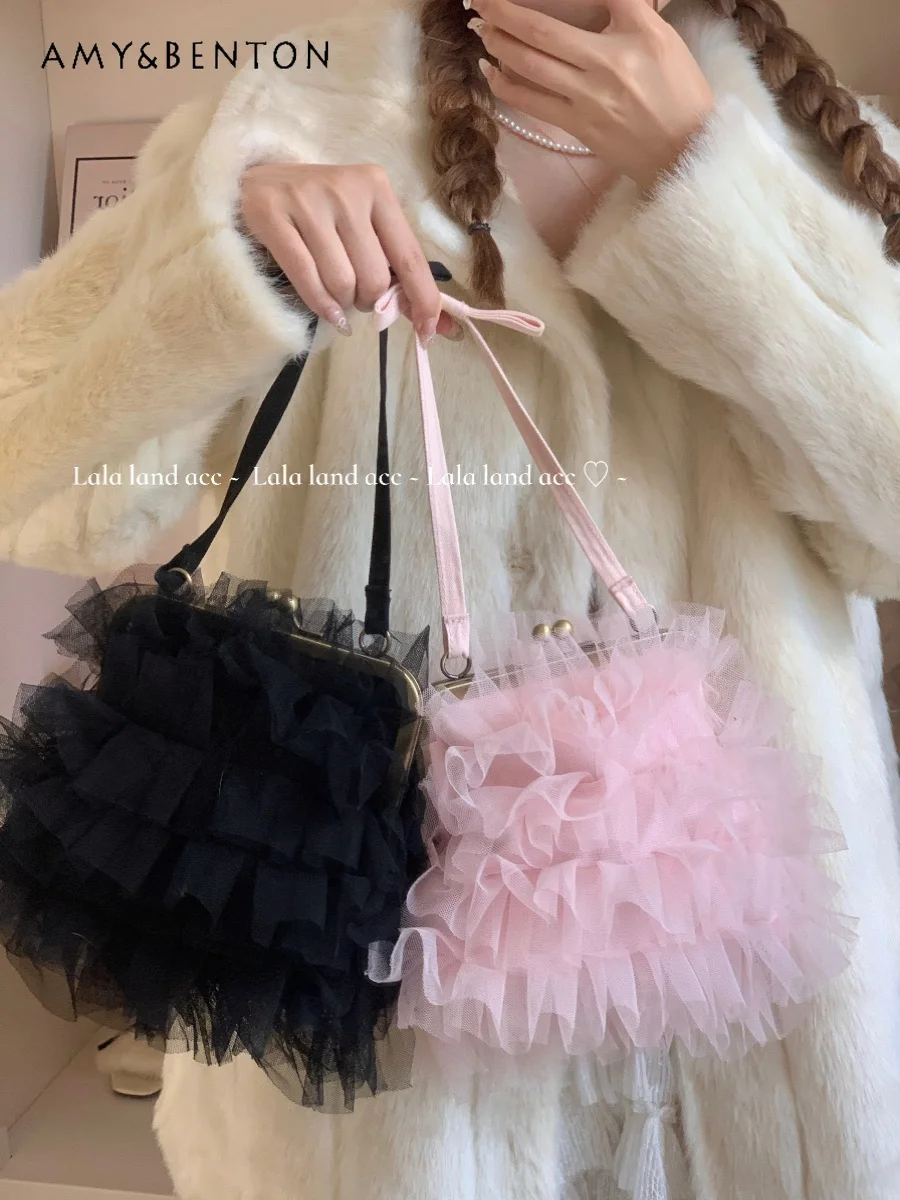 

French Elegant Lace Stitching Bow Mesh Handbag Women Heavy Industry Ruffled Cute Cosmetic Bag Commute Style Fashion Designer Bag