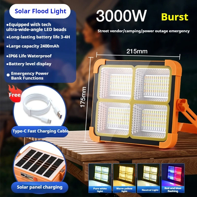 Solar-Powered LED Rechargeable Camping Light - Portable Handheld Floodlight for Outdoor,Night Market Stalls,USB Charging