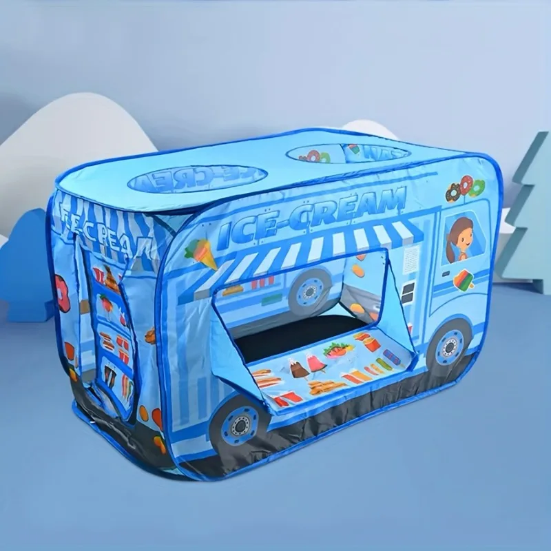 Tente de jeu voiture de crème glacée bleue Pop up 3 ouvertures maison de jeu pour enfants camion à desserts bleu salle de jeu à thème adaptée à l'intérieur et à l'extérieur
