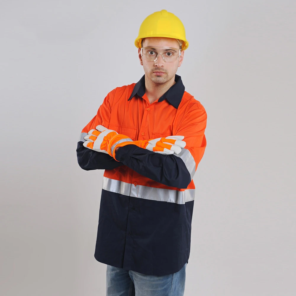 Two Tone Long Sleeve Safety Work shirt Reflective Workwear 100% Cotton Orange Navy Safety Shirts With Hi Vis Tapes