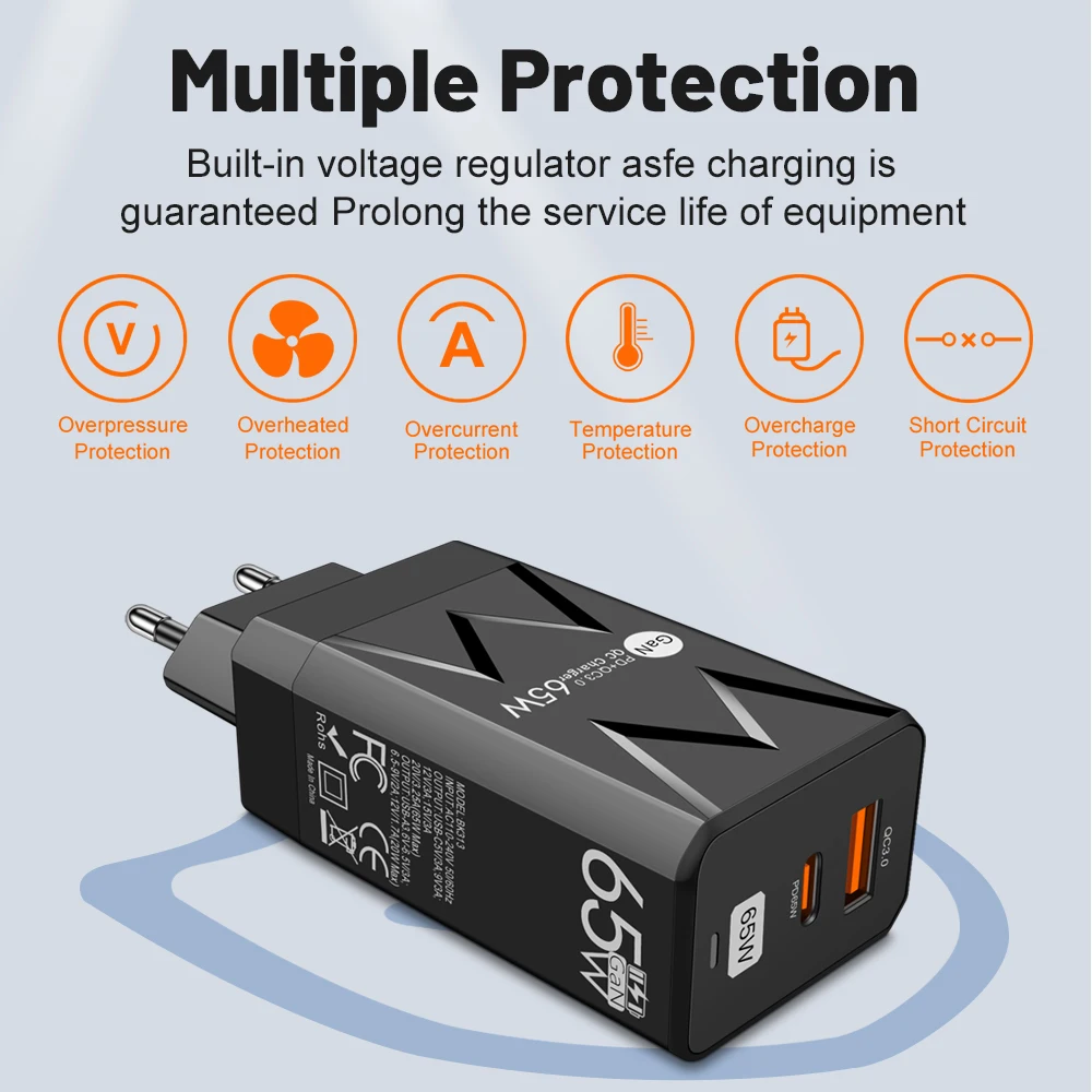 PD 65W GaN Charger for Ipad Laptop USB Type C Super Fast Charging QC3.0 Adapter Notebook Tablet PC for Macbook Huawei Matebook