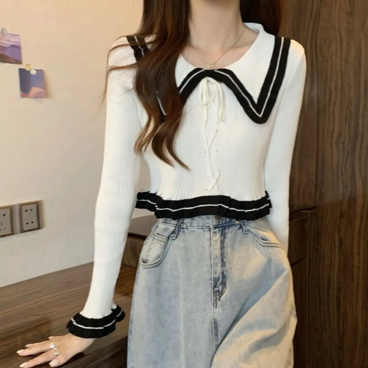 New Style Doll Collar Short Sleeved Knitted Sweater for Women with a Base Layer and a Small Cardigan Top