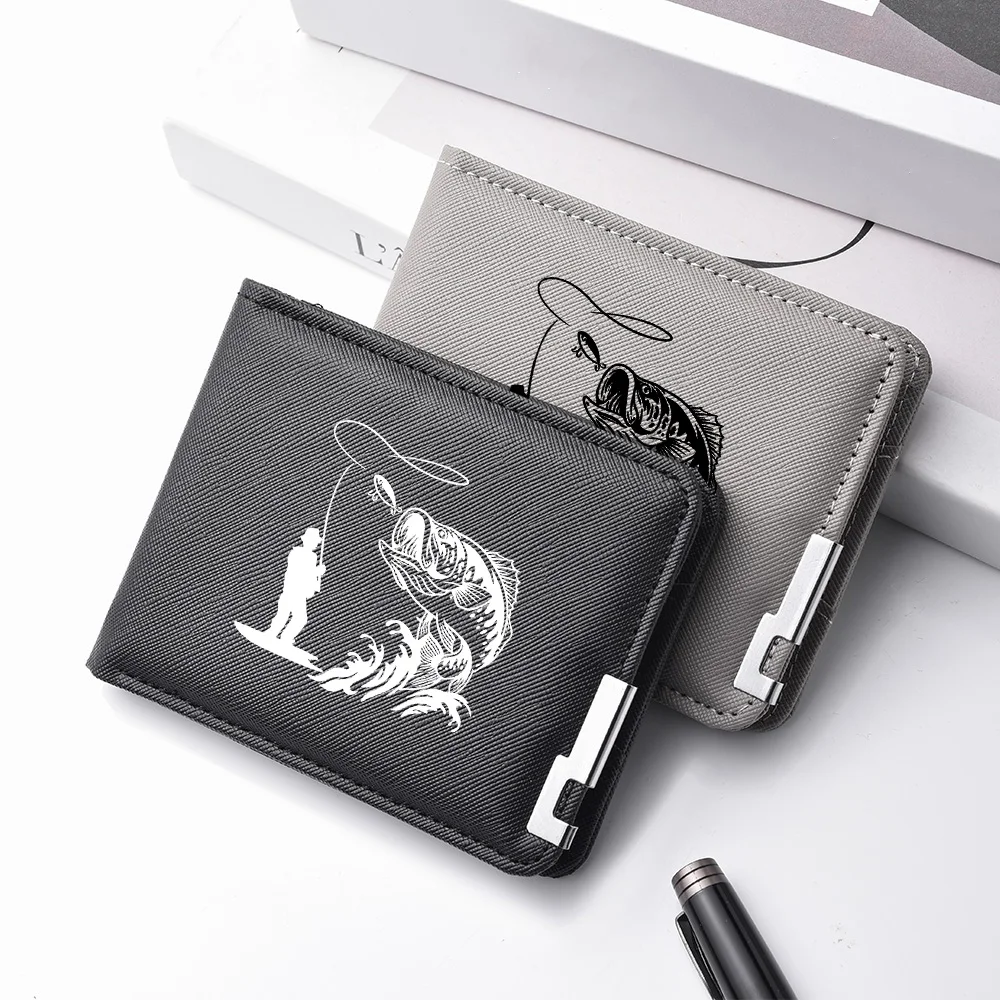 Cross Grain PU Leather Men Wallet Fishing Pattern Bifold Short Purse Multi Card Slots Cash Holder for Men