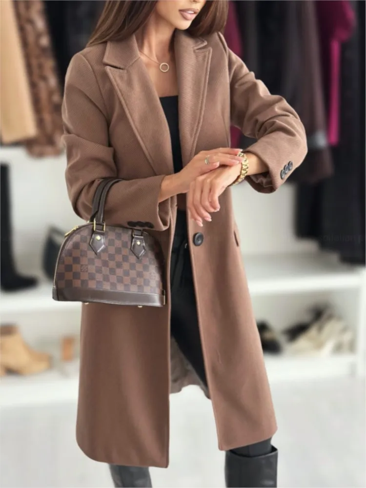 

Elegant Solid Long Coat For Women Fashion Long Sleeve Suit Collar Buttons Woolen Coat Female Winter Fashion Office Lady Cardigan