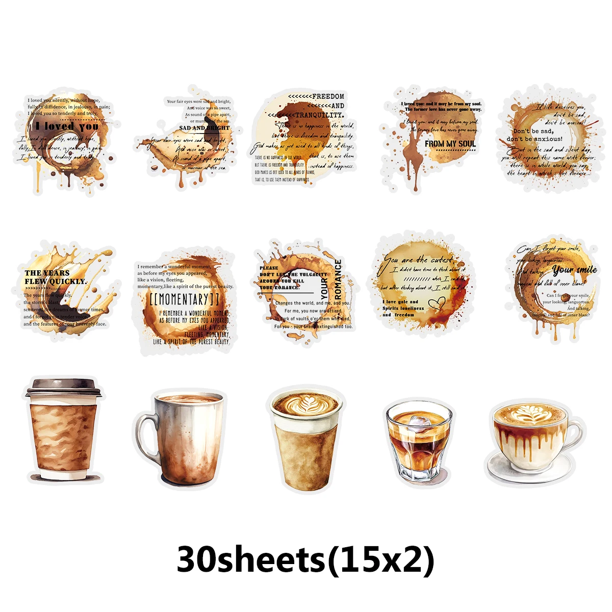 30sheets Black Tea Latte Label Pattern Stickers Suitable for Laptops, Water Bottles, Suitcases and Cell Phones, Cafes, Pen Bags