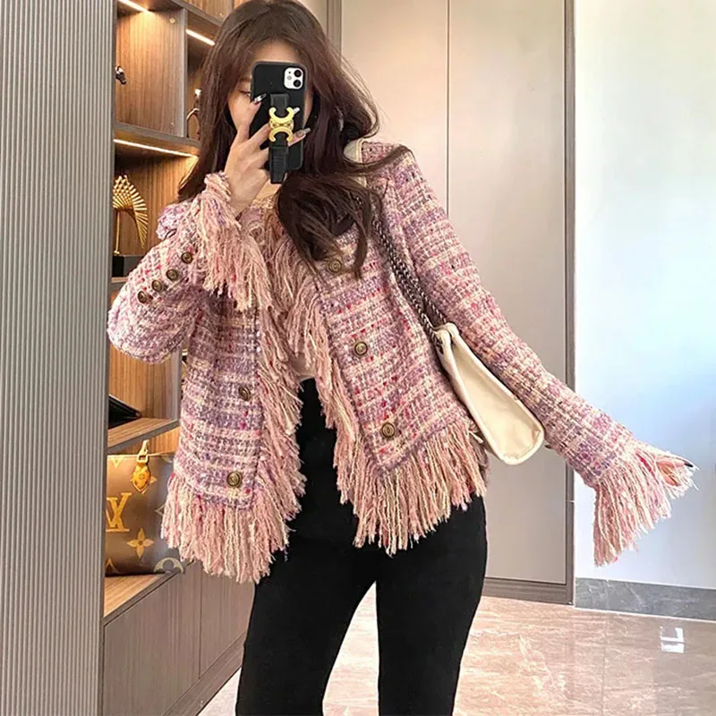 Women's Tassel Small Fragrance Coat, Thick Plus Velvet Jacket, Female Casual Cardigan Outerwear, Senior Sense, New, Autumn, Wint