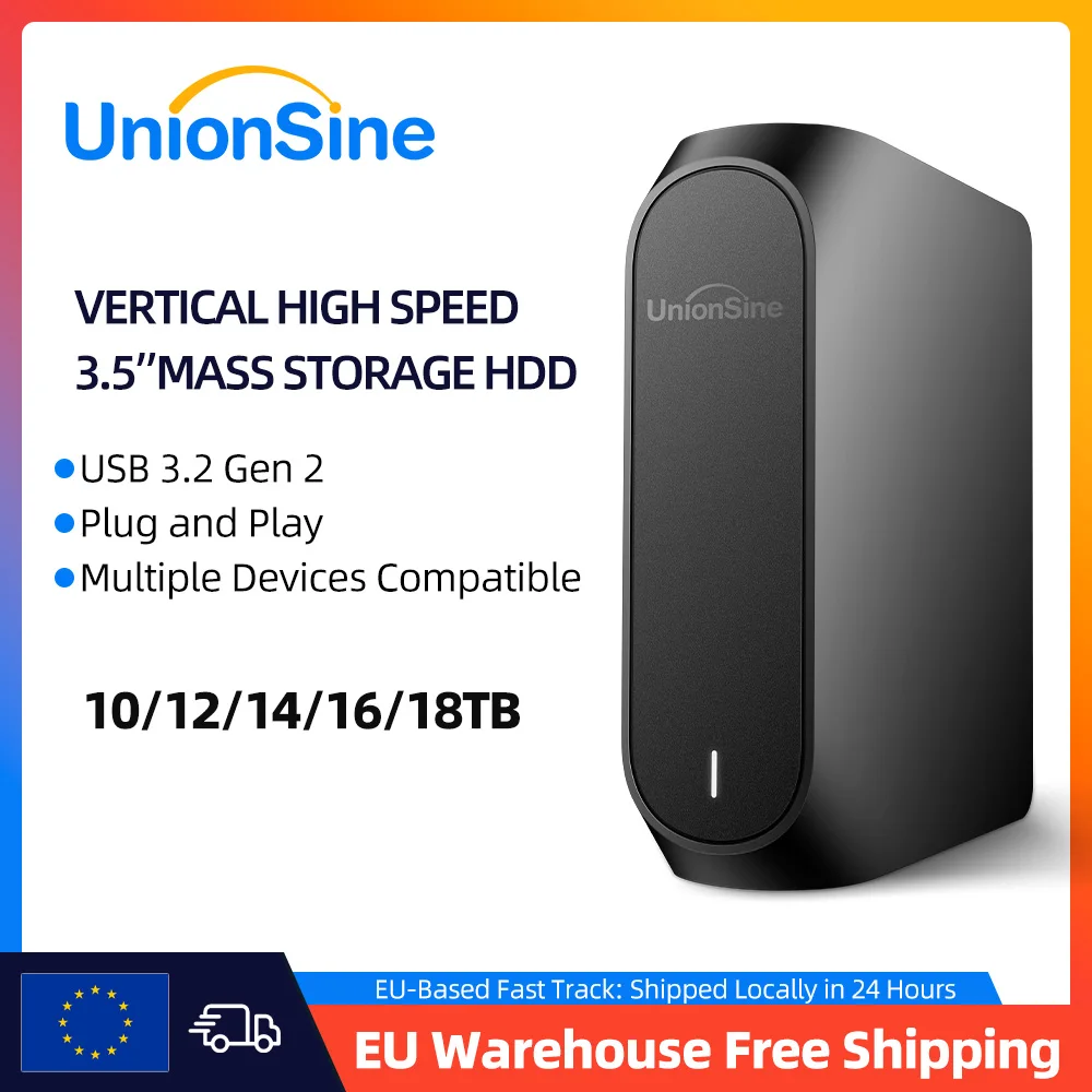 قرص صلب خارجي UnionSine 10TB-18TB 3.5 بوصة HDD USB 3.2 Gen2 متوافق مع سطح المكتب/الكمبيوتر المحمول/Mac/Xbox/Xbox One/PS4/TV
