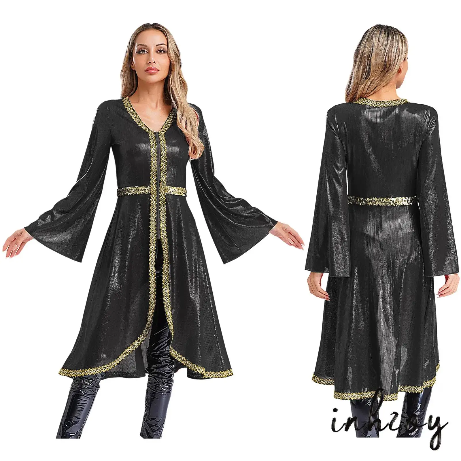 

Muslim Women Abaya Dress V Neck Long Sleeve High Waist Embroidery Dress Sparkly Kaftan Dress Islamic Dubai Moroccan Fancy Eid