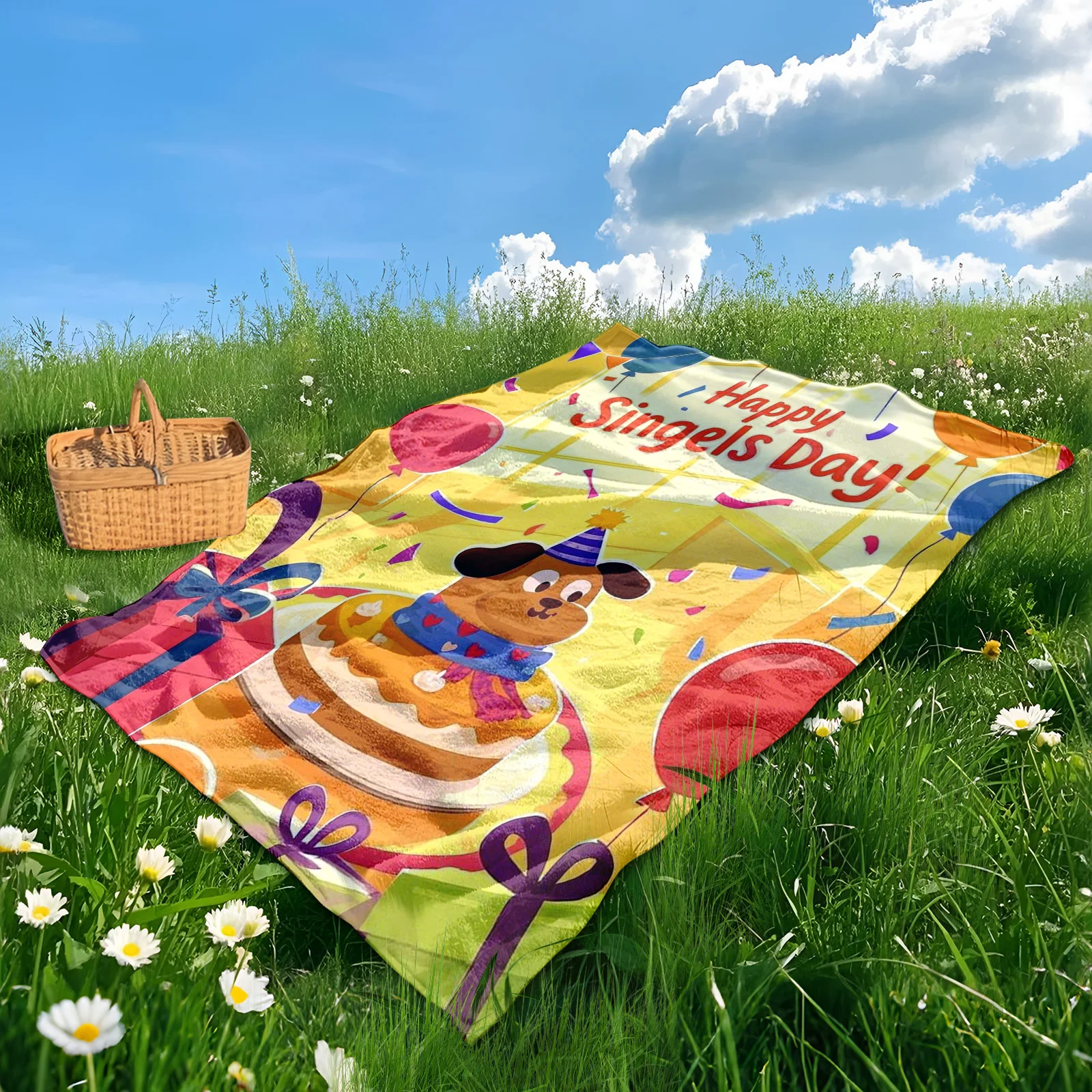 Cartoon Party With Cake Design Outdoor Blanket For Camping Picnic And Nature Adventures With