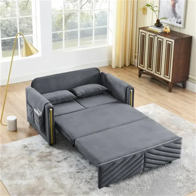 

3-in-1 Convertible Sleeper Sofa Bed Couch, 55" Pull Out Couch for Living Room, Multi-Functional Grey Velvet Loveseat Futon Bed
