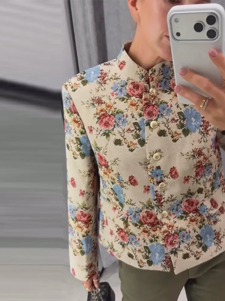 Bedruckte Stehkragen-Knopfjacken für Damen, Streetwear, Langarm, Einreihig, mit Taschen, Lose Mäntel, Herbst-Chic, Neue Oberbekleidung – Detail 9