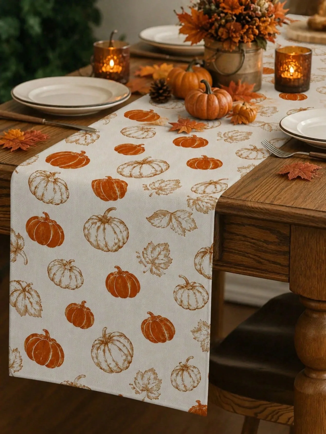 1pc Thanksgiving Table Runner Linen Material Vintage Pumpkin Leaf Print Multi Size Fall Home Decor Tabletop Ornament Kitchen Liv