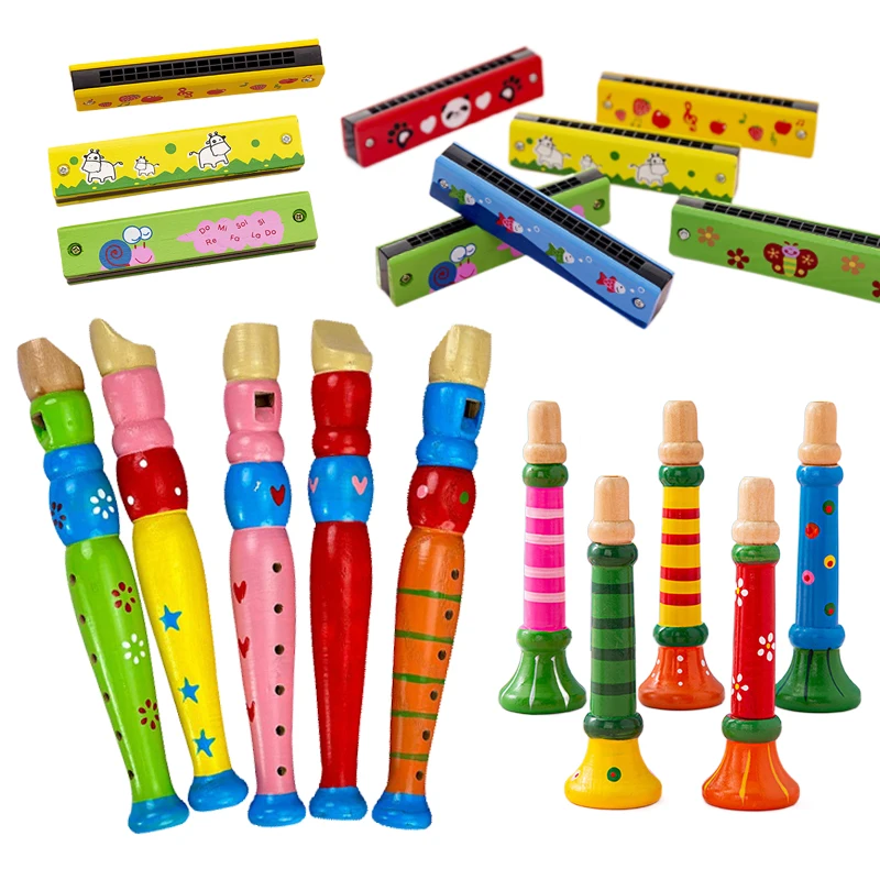 بيكولو هارمونيكا وبوق خشبي كرتوني، ألعاب آلات موسيقية خشبية للأطفال، ألعاب تعليمية مبكرة للموسيقى للأطفال #1