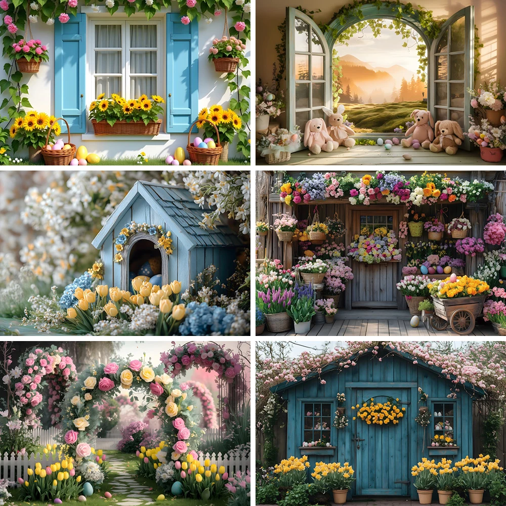 Fondo fotográfico de primavera con huevos de colores para estudio fotográfico, telón de fondo con ventana, pared de flores, arcos de jardín, pradera, vid