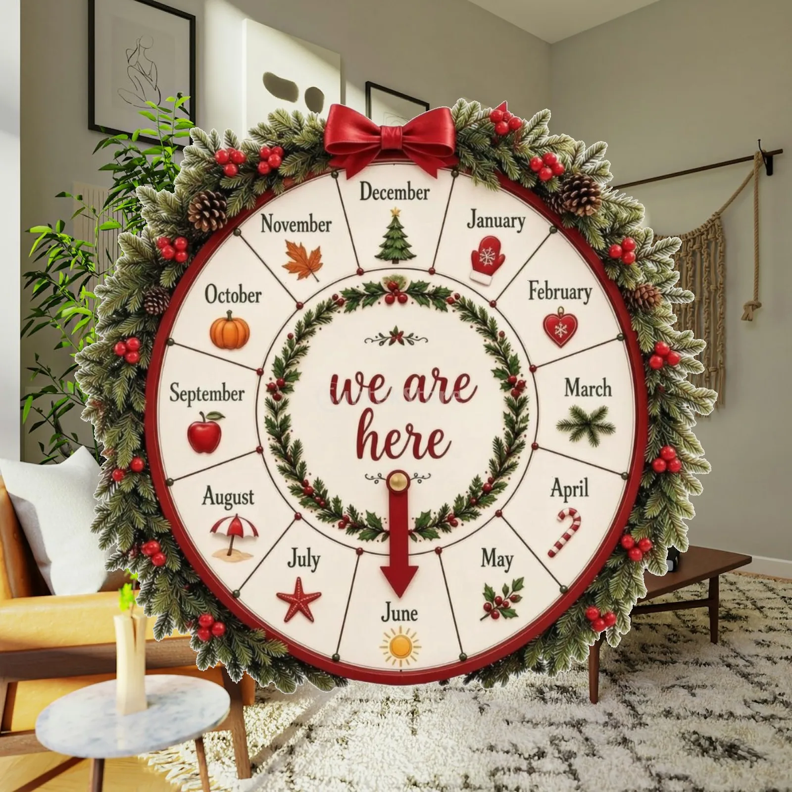 Christmas Countdown Month Wheel Seasonal Rotating Month Wheel Hand-Rotating Advent Calendar Cozy for Families, Wall, Living Room