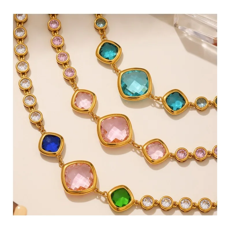 

Seattle Sparkling Cut Imported Glass Stone Bracelet Fashionable Versatile Square Stainless Steel Chain Decoration Set