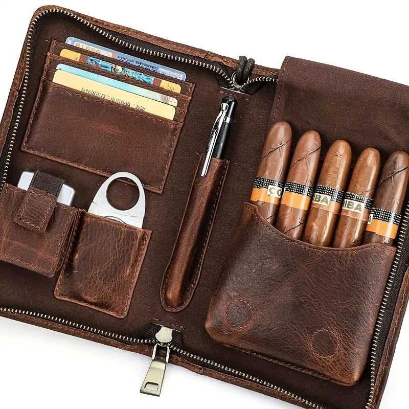 

5-Capacity Genuine Leather Cigar Box with Wrist Strap Zipper Multifunctional Travel Convenient Cigar Leather Cover
