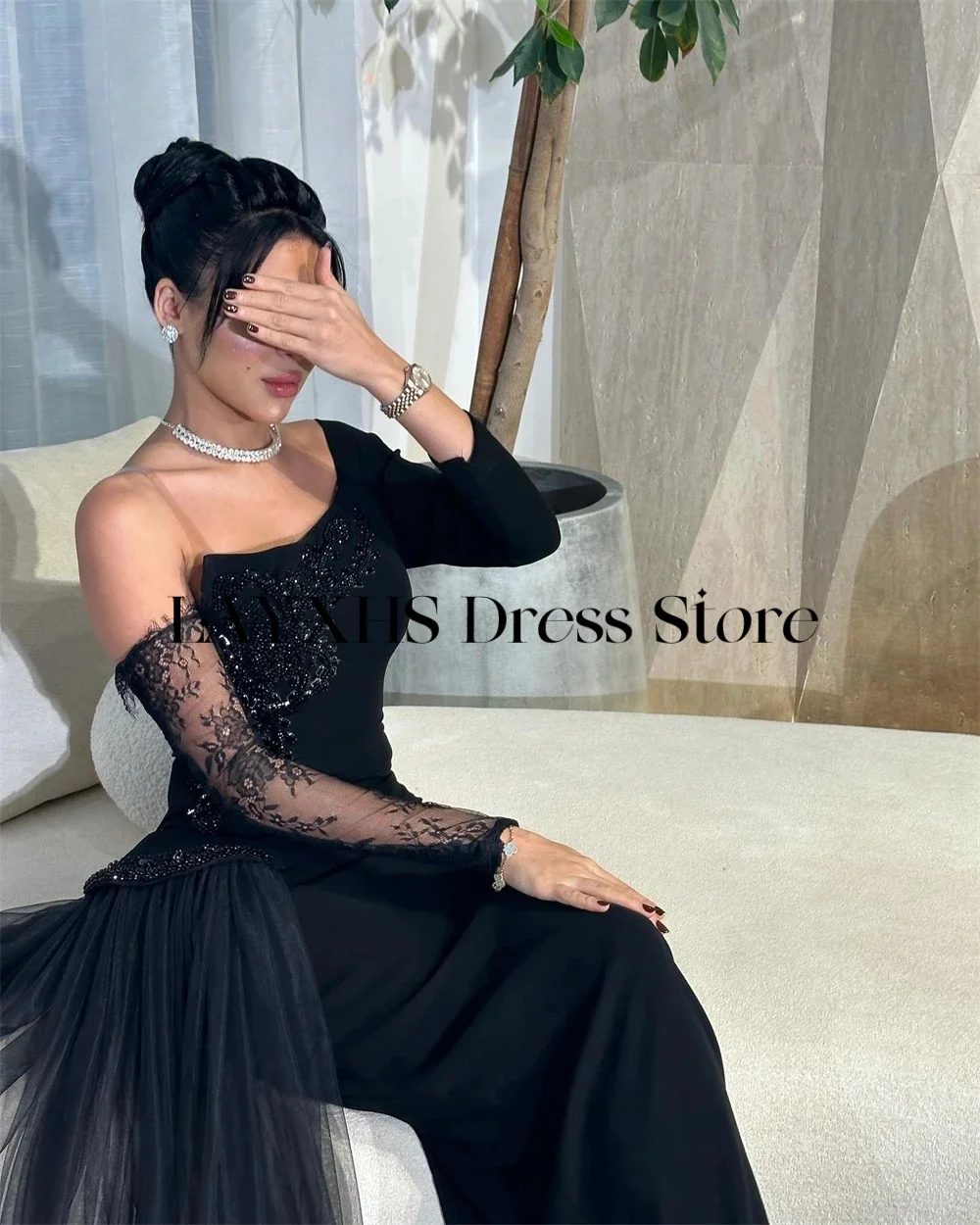 ชุดราตรี LAYXHS แบบใหม่ ไหล่เดียว แขนยาว ทรงเมอร์เมด ประดับลูกปัด ยาวถึงข้อเท้า ชุดราตรีออกงานสั่งตัดได้