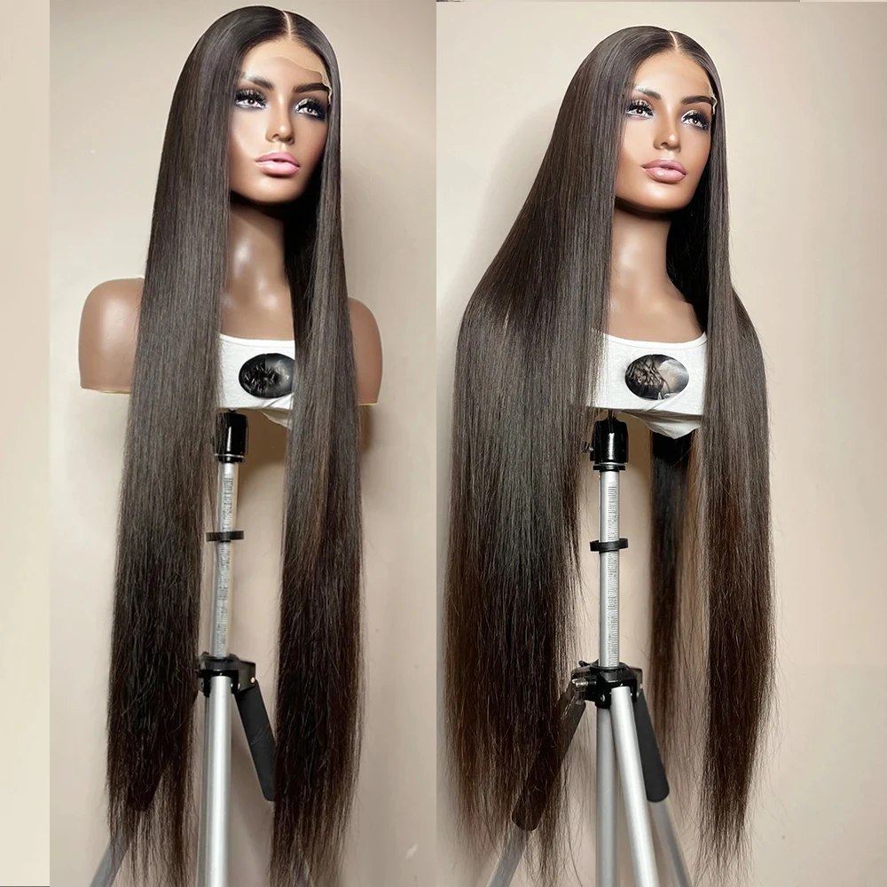 

26Inch Long Glueless Soft Black Silky Straight 180Density Natural Hairline Lace Front Wig For Women Preplucked Babyhair Daily