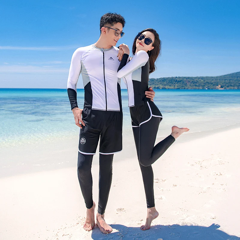 2024 Rash Guard Women Long Sleeve Couples 5 Pieces Swimsuit Surfing Pad Long Pant Men 3 Piece Zipper Swimwear Bathing Suits