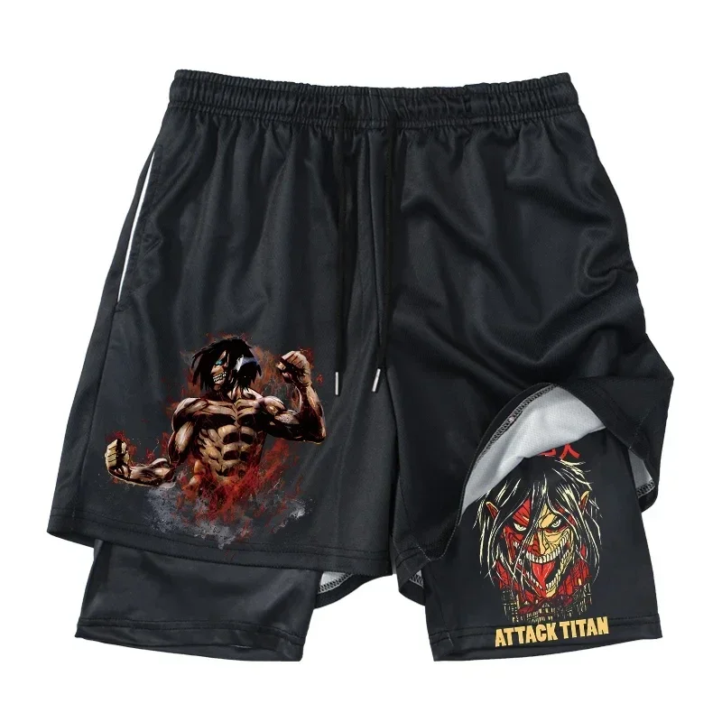 Anime Attack on Titan Pantaloncini da allenamento per palestra 2 in 1 da uomo Pantaloncini a compressione atletica elasticizzata ad asciugatura rapida Fitness Corsa da jogging