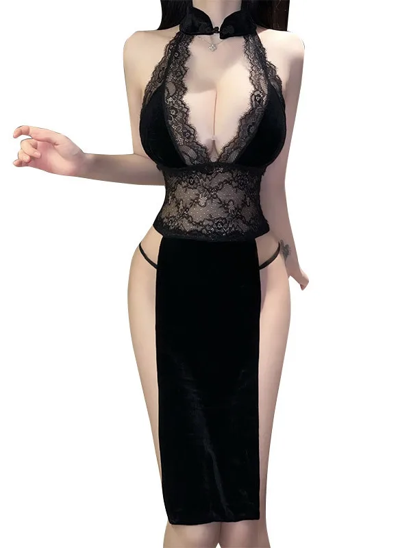 Mini Robe en Maille de Dentelle Transparente pour Femme, Tenue Sexy en Velours Cheongsam, Slim, Taille Haute, Fendue, Uniforme Élégant, Y-X0E6