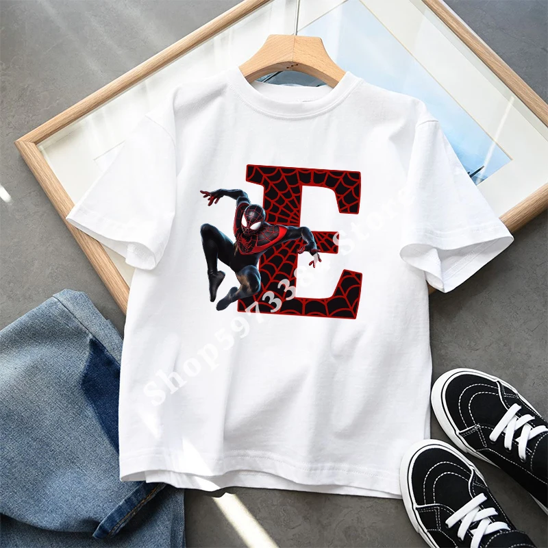 Marvels SpiderMans Miles Morales Boys T Shirt Letter Cotton Clothes Children Tops Summer Breathable Cute Short Sleeve Kids Gifts