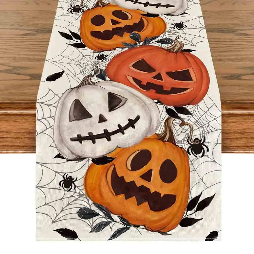 

Pumpkins Spider Web Halloween Table Runner, Seasonal Fall Kitchen Dining Table Decoration for Home Party Decor