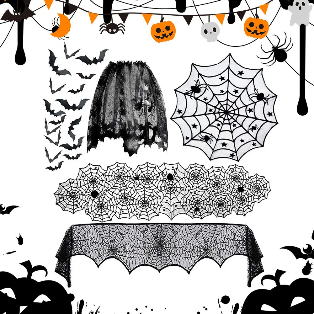 

Halloween Black Lace Spider Web Tablecloth Table Runner Fireplace Mantel Scarf for Halloween Party Home Decoration