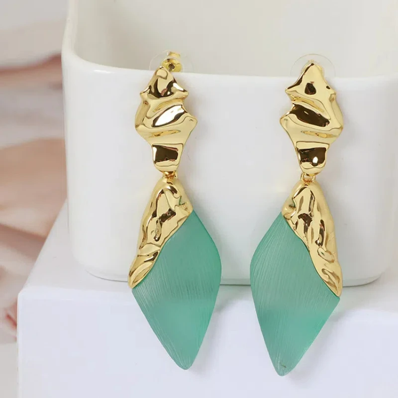 Fashion Trendy Wrinkle Rhombus Resin Color Semi-transparent Resin Glued Long Earrings for Women Office Lady's Jewelry Mermaid