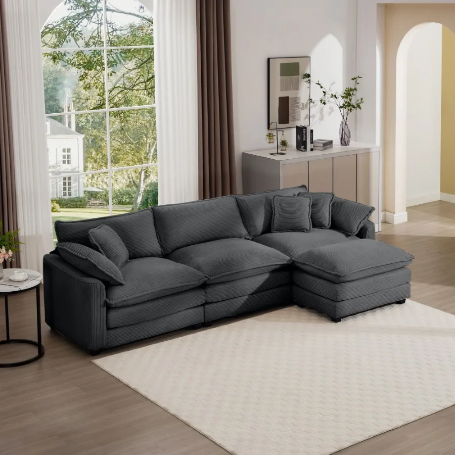 

Corduroy 3seater sofa with 1 footrest Lshaped double sofa with man for small living rooms Grey corduroy sofa