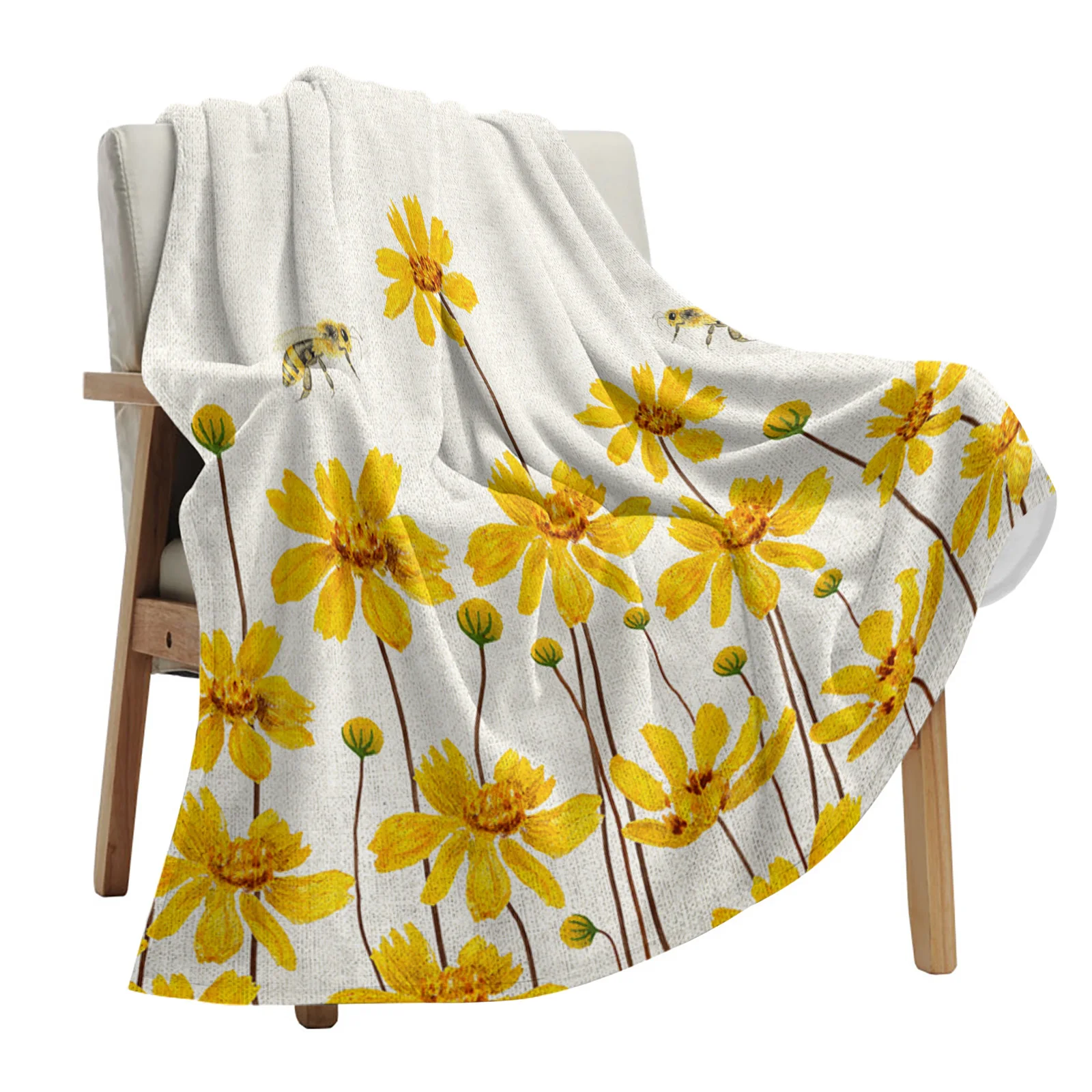 

Watercolor Yellow Flowers Bees Throws Blankets for Sofa Bed Winter Soft Plush Warm Sofa Throw Blanket Holiday Gifts