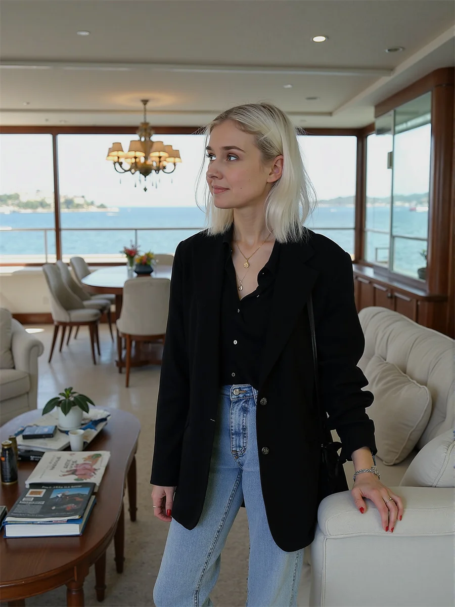 Blazer noir pour femmes, col rabattu, décor de fourche, taille serrée, couleur extensible, brillant, flottant, manches longues, Midi Business