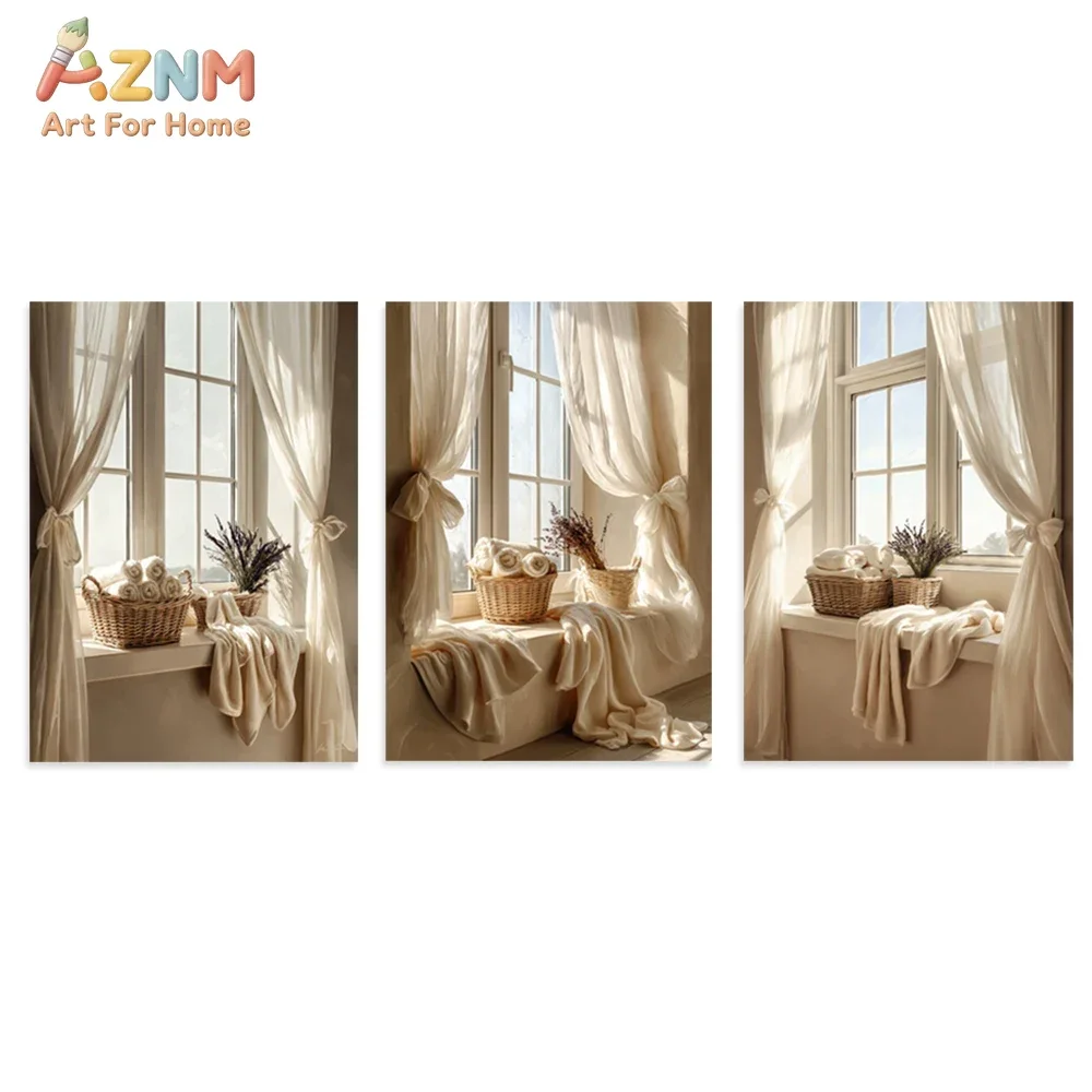 AZNM Warm Window Scene Canvas Wall Art Print Beige Curtain Basket Dried Flower Soft Light Poster Unframed Canvas Painting for Li