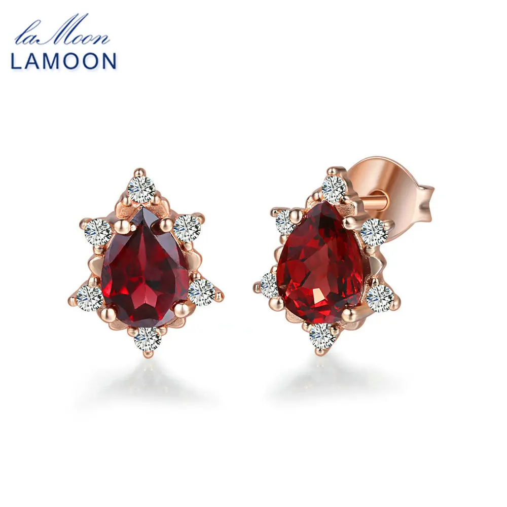 LAMOON 925 Sterling Silver Earrings For Women Garnet Gemstone Earrings 18K Rose Gold Plated Fine Jewelry Wedding Earring LMEI060