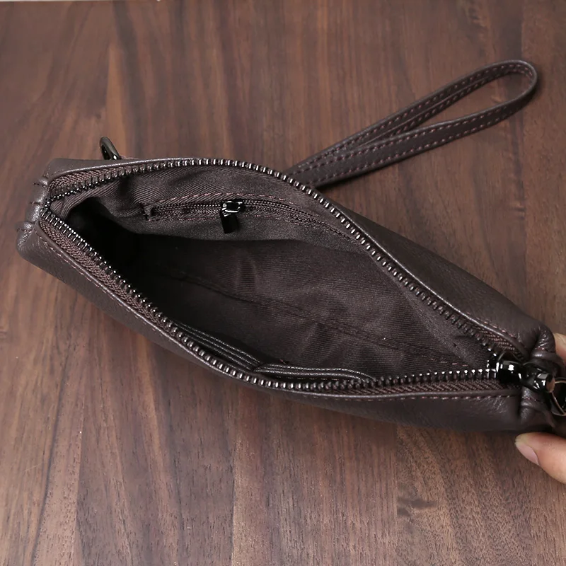 Bolso de mano de cuero suave para hombre, Cartera de cuero de vaca de alta gama, larga, con cremallera, multitarjeta, Retro, de ocio, de primera