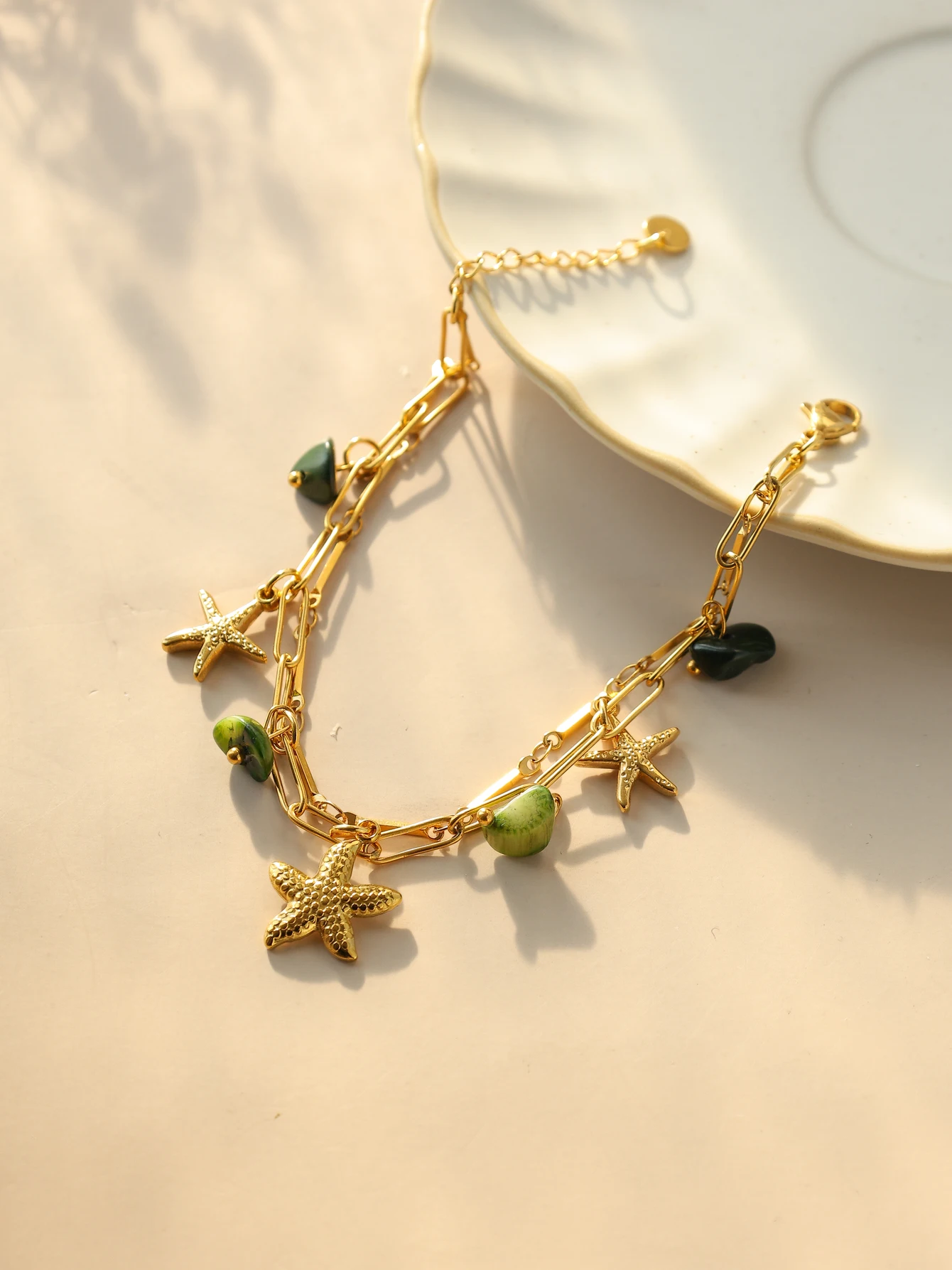 Fashionable trend design double layer natural stone moon sun starfish pendant bracelet women waterproof jewelry beach party gift