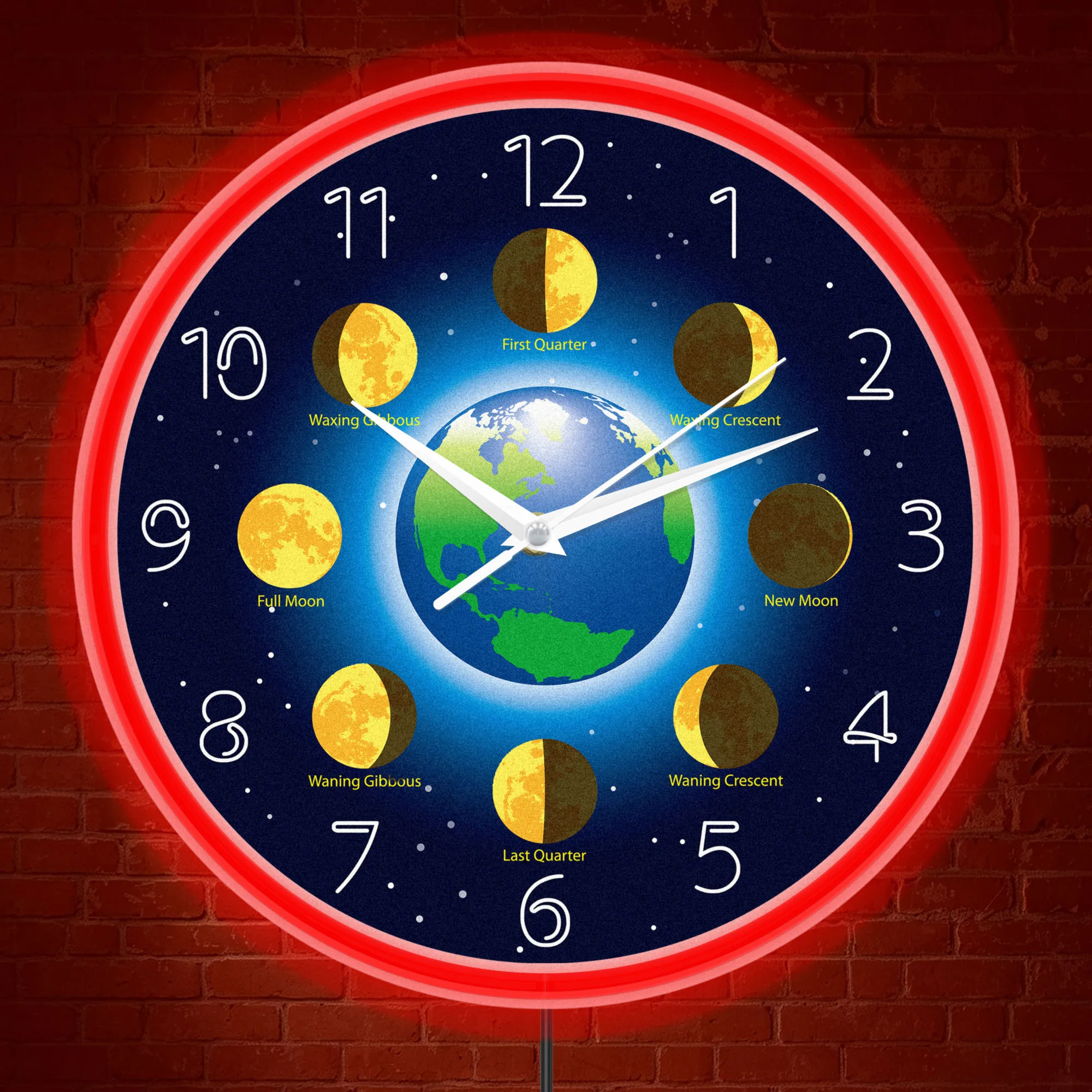 Moon Phase Earth Lunar Cycle Luminous Wall Clock with Neon Rim Light for Classroom Study Room Science Astronomy Home Decor Clock