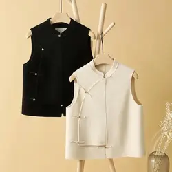 chinese style spring autumn Disc buckle tangsuits vest top women traditional vintage Woolen design versatile tangsuits vest