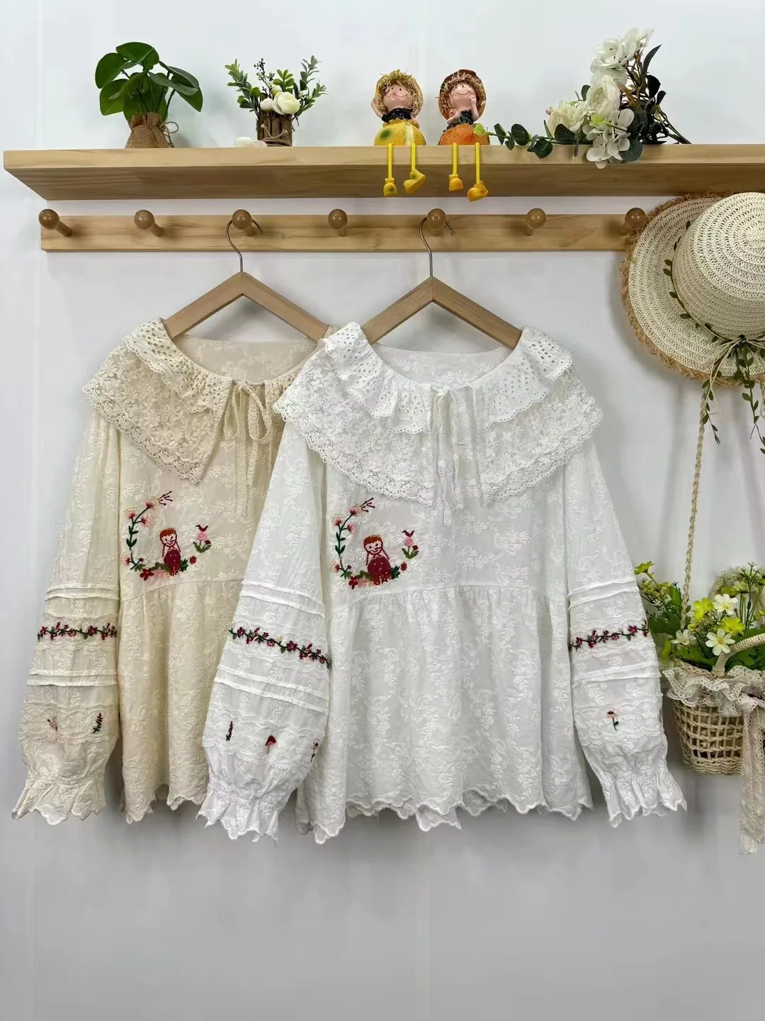 Vintage Embroidery Mori kei clothing Women Summer Japanese Casual Loose O-neck White Lace shirts Sweet Retro lolita blouses Tops