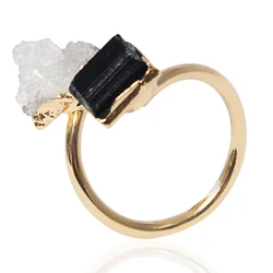 Irregular Druzy Quartz Stone Black Tourmaline Open Ring Boho Golden Handmade Raw Crystal Finger Jewelry Resizable