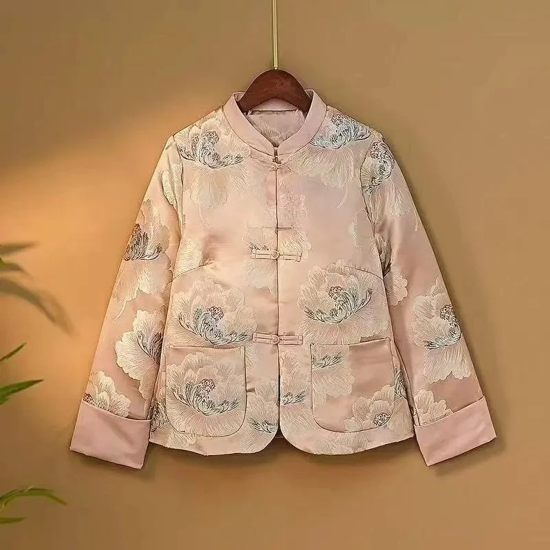 

Жаккардовое винтажное шелковое пальто с карманами, женское высококачественное однобортное пальто с воротником-стойкой, китайская верхняя одежда, осень