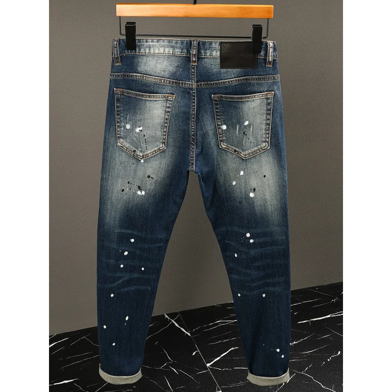 

Paint printed vintage jeans men, street style handsome men's clothing, ripped patches, small leg pants