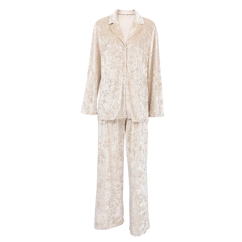 Lounge Pj Nightwear Pyjamas Velvet Blazer Style Top Wide Leg Pants Cream Beige Two Piece Long Sleeve Full Length Sleepwear Set view 3