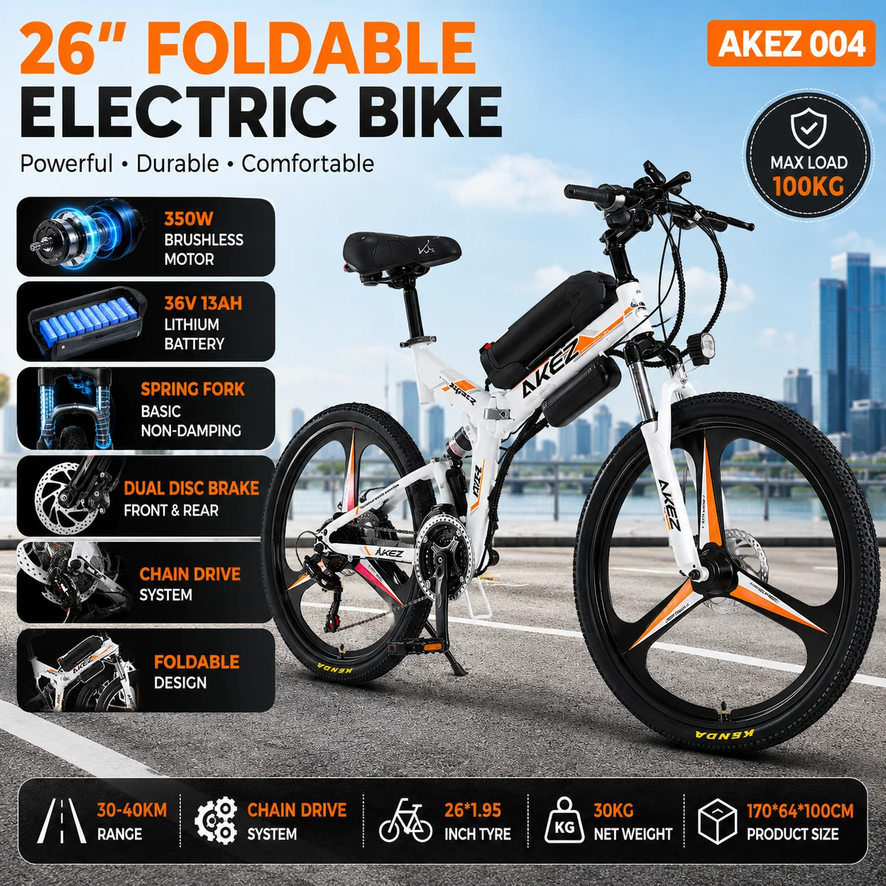 

E-Bike AKEZ 004 Adult Electric Bicycle 26 Inch Folding E-Bike 350W Motor 36V 13Ah Battery Dual Disc Brake Urban Commuter Bike