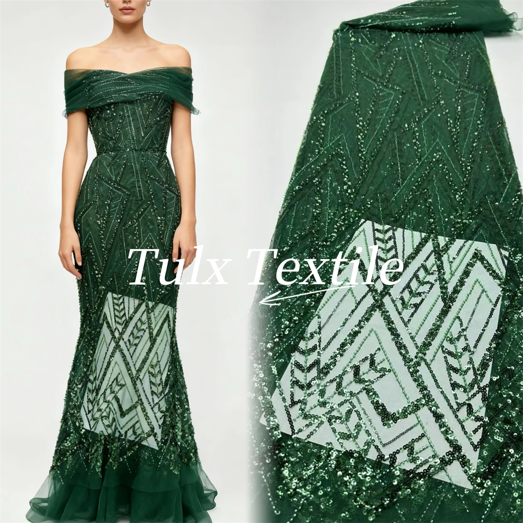 2026 Abito da sposa di moda cucito verde acqua francese con paillettes tulle tessuto di pizzo tessuto di pizzo africano nigeriano di alta qualità