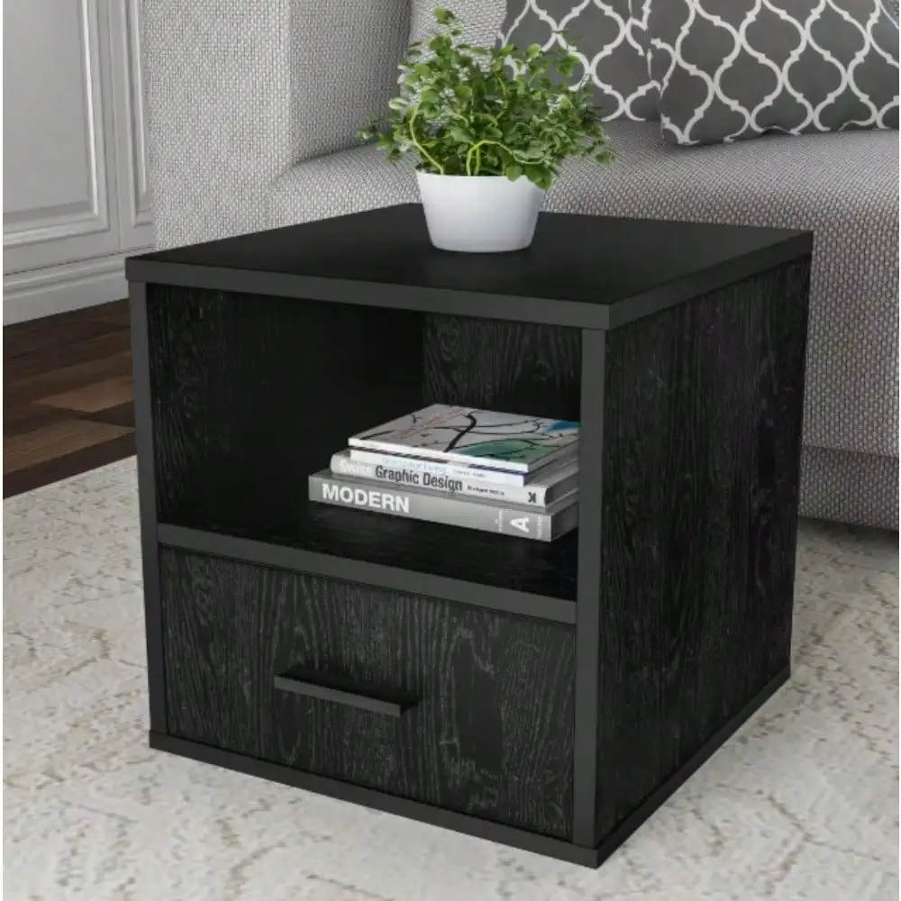 

Black Modular Cube End Table with Drawer,Small Nightstand Modern Storage Chest of Drawer Side Table End Table for Living Room